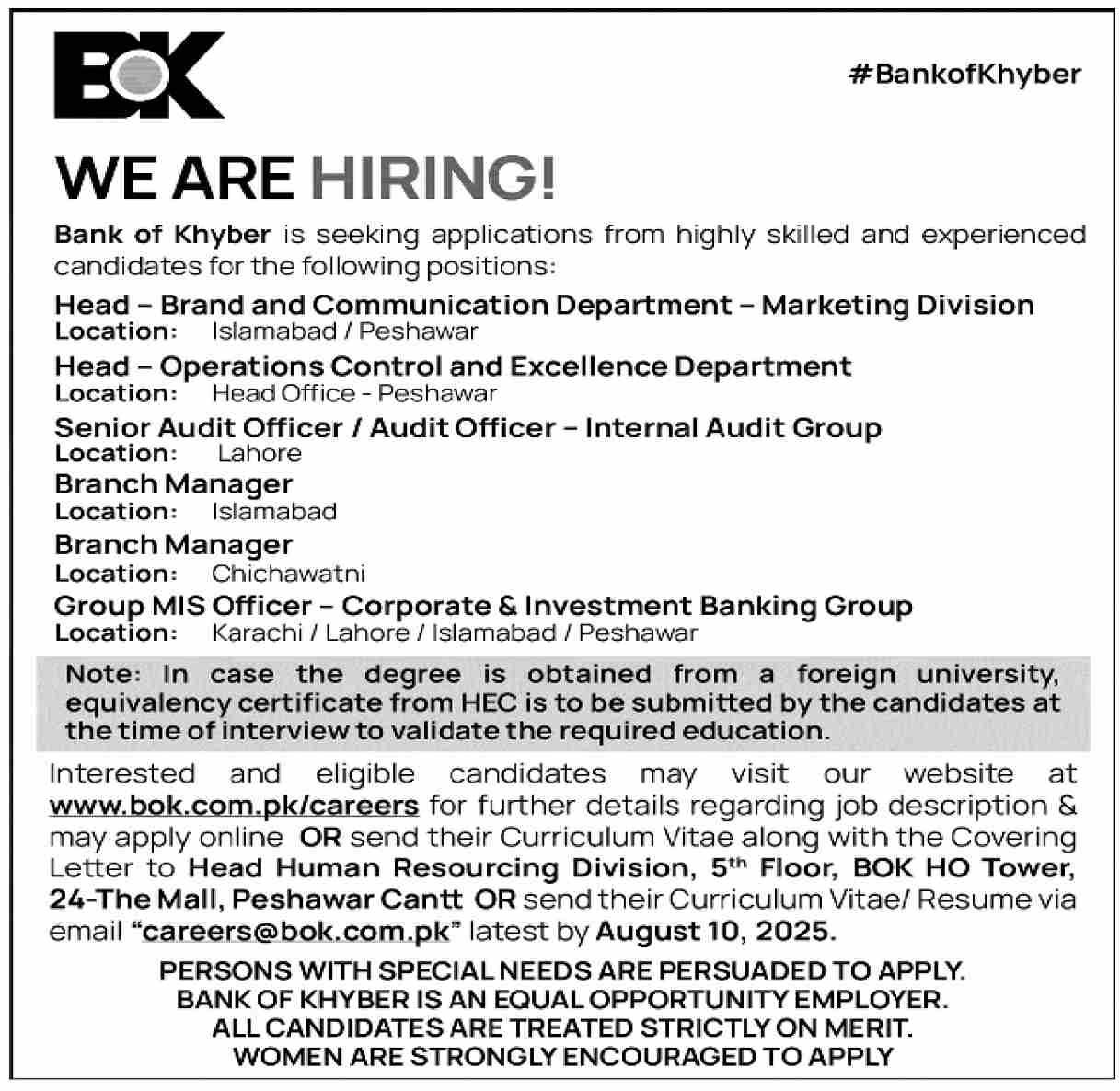 Jobs in Bank of Khyber Peshawar